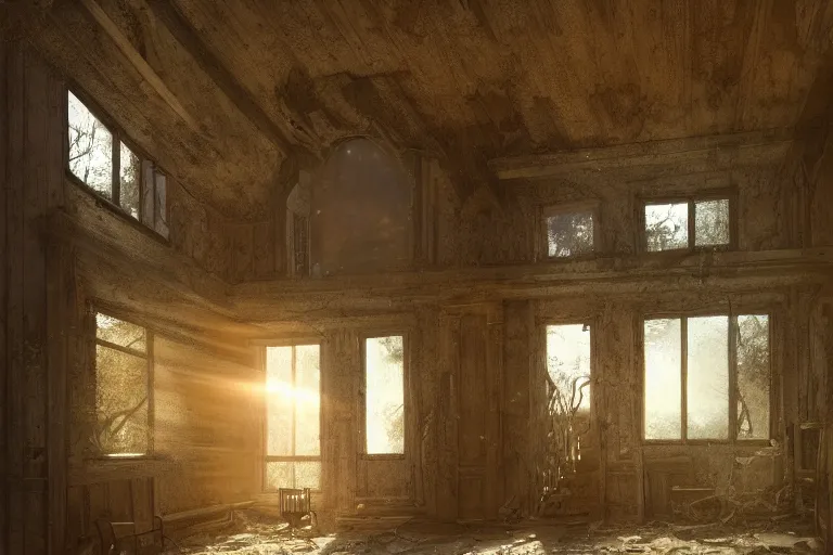 Prompt: the interior of an old abandoned house, an old oak tree grows inside the house, golden rays of sunlight enter through the window, digital art, trending on artstation, matte painting, concept art, drawn by greg rutkowski, inspired by johannes vermeer, cold colors
