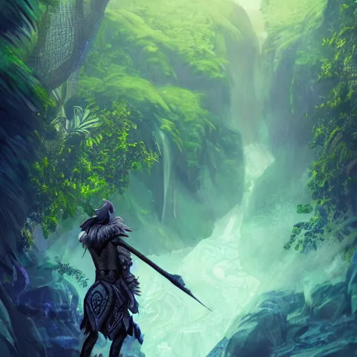 Image similar to A dragonborn with blue scales in a rainforest, trending on artstation, digital art