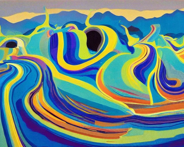Prompt: A wild, insane, modernist landscape painting. Wild energy patterns rippling in all directions. Curves, organic, zig-zags. Saturated color. Mountains. Clouds. Rushing water. Waves. Wayne Thiebaud. Lisa Yuskavage landscape.