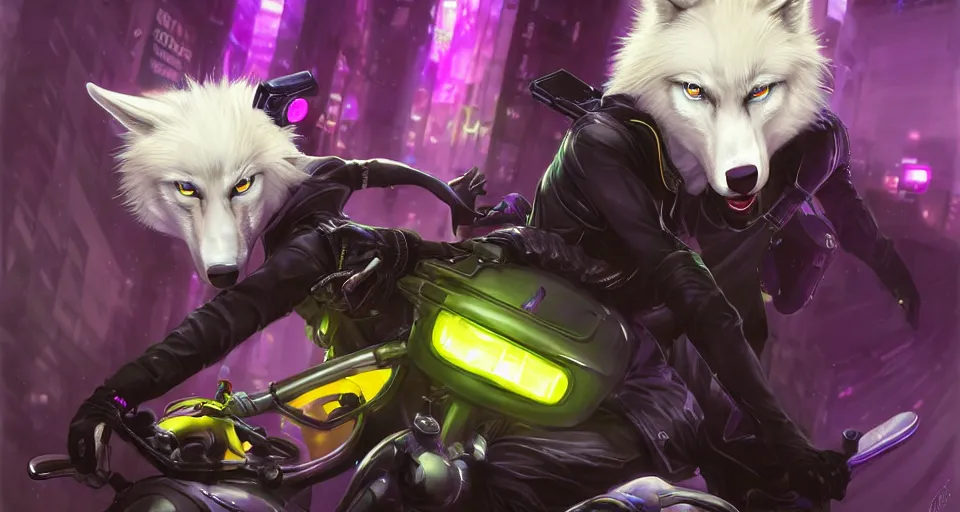 Image similar to wide angle award winning beautiful portrait commission of a male furry anthro albino wolf fursona with a tail and a cute beautiful attractive detailed furry face wearing stylish black, purple and yellow cyberpunk biker clothes riding a cybertech motorcycle in a cyberpunk city at night while it rains. Character design by charlie bowater, ross tran, artgerm, and makoto shinkai, detailed, inked, western comic book art