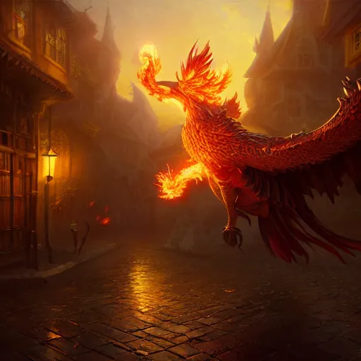 Image similar to Anthropomorphic phoenix in fire flying through a medieval town by night, DnD character, unreal engine, octane render, dramatic lighting, pond, digital art, by Stanley Artgerm Lau, greg rutkowski, thomas kindkade, alphonse mucha, loish, norman Rockwell