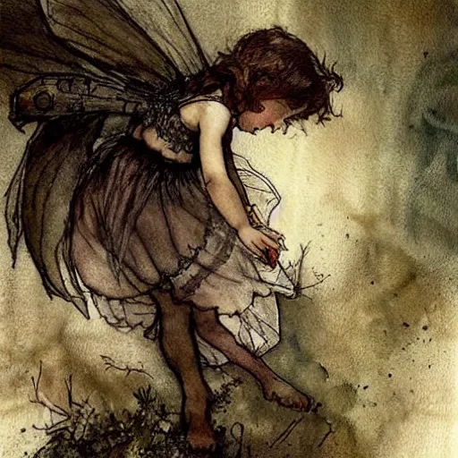 Prompt: a cute little girl fairy with a mischievous face and short brown wavy curly hair. well composed, clean elegant painting, beautiful detailed face. art by arthur rackham and greg rutkowski