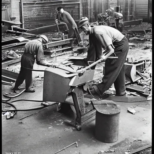 Image similar to photograph, men working in a machine shop sweeping up scrap metal, circa 1946