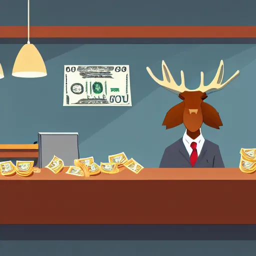 Image similar to a moose behind the counter at a bakery with a suit on piles of money on the counter, trending on art station, 8 k, beautiful lighting