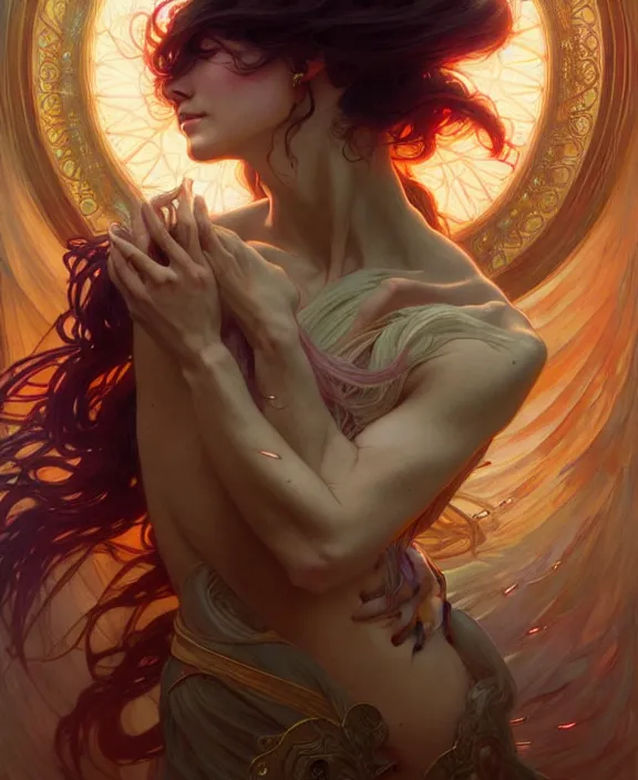 Image similar to a whirlwind of souls ushing inside the metaverse, half body, glowin eyes, d d, fantasy, intricate, elegant, highly detailed, colorful, vivid color, digital painting, artstation, concept art, art by artgerm and greg rutkowski and alphonse mucha and ruan jia