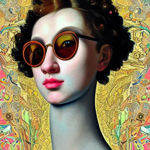 Prompt: detailed maximalist half-lenght portrait with elaborate interesting sunglasses and thin lips. 8x HD mixed media 3D collage in the style of Caravaggio, hyperdetailed childbook illustration in vibrant pastel tones. colourful matte background no frame