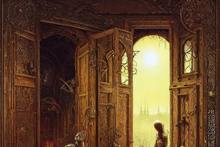 Image similar to large rustic intricately decorated wooden double door, metal handles, a view to a fantasy world, strong eerie back light, mist, fantasy art by james c christensen, norisyoshi ohrai, john hove