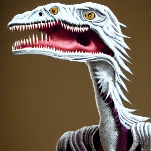 Prompt: a photograph of a velociraptor with feathers