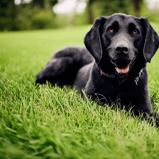 Prompt: a black dog sitting in the grass getting some sun, 20mm lens, Sony a7siii