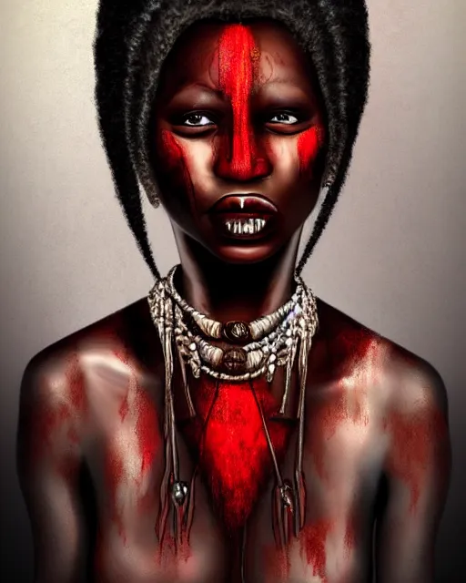 Prompt: beautiful ancient african demonic vampire girl, portrait, hyperrealistic, bloodstained