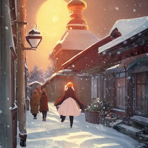 Prompt: anime woman in the winter in an old russian town, by Makoto Shinkai