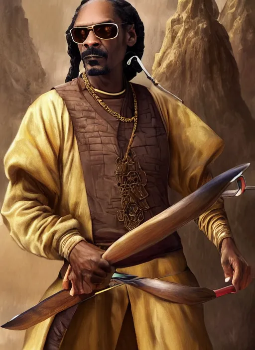 Prompt: snoop dogg as an archer, short beard, grumpy, Ivan Aivakovsky, Boris Vallejo, epic fantasy character art, D&D Concept Art, full length, Realistic, Regal, Refined, Detailed Digital Art, Oil Paining, Exquisite detail, post-processing, masterpiece, Cinematic Lighting, Unreal Engine, 8k, HD, Stanley Artgerm Lau, WLOP, Rossdraws, Frank Frazetta, Andrei Riabovitchev, Marc Simonetti, trending on artstation,