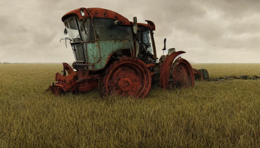 Image similar to abandoned old 2 0 0 0's belgian farm with vegetation, abandoned rusted tractor, morning, hyperdetailed, artstation, cgsociety, 8 k