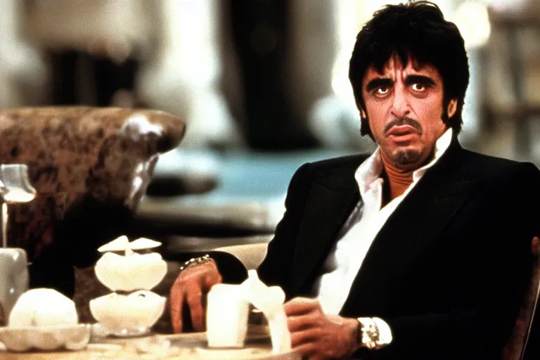 Image similar to tony montana from movie scarface 1 9 8 3 sitting behind a big black oak table with big large packages of flour. al pacino. perfect symmetric face, coherent eyes, medium shot, fine details, 4 k, ron cobb. last scene from scarface movie, bokeh