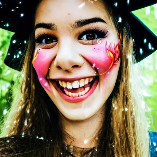 Prompt: hyper - realistic close - up on the smiling face of a tik tok influencer dancing in a forest with fire and flame