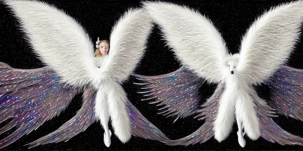Image similar to highdetailed hyperrealistic painting of white wingsl!!!, white sparkles, 4 k hd fur, big wings, by jan van eyck, pattern, holography space, glow effect, large strokes, white monochrome color!!!!!