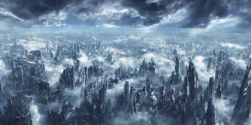 Image similar to a futuristic city on the clouds