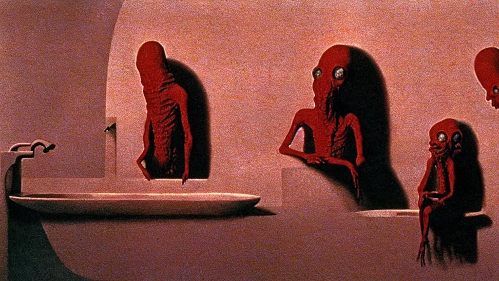 Image similar to the creature in the sink, they taunt look at me, film still from the movie directed by wes anderson and david cronenberg with art direction by salvador dali and zdzisław beksinski, wide lens