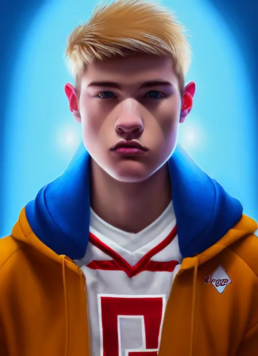 Image similar to portrait of high school senior boy named big moose, blonde short hair, jock, beefy, wide face, square jaw, square facial structure, blue varsity jacket with letter r, intricate, elegant, glowing lights, highly detailed, digital painting, artstation, concept art, sharp focus, illustration, art by wlop, mars ravelo and greg rutkowski