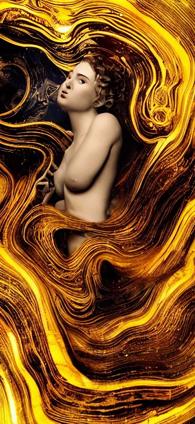 Image similar to epicillustration, abstract sculpture of beautiful female body and black swirling liquifying acrylic portrait, curly fluffy clouds, glowing edges, golden hour, beautiful light, sculpture of carving marble, dark colors, dark mood, one point light, golden spirals, clockwork, epic matte painting, concept art, bokeh, digital painting