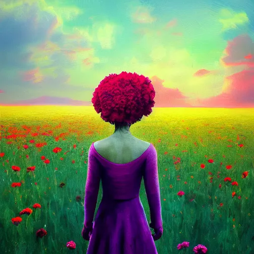 Image similar to head made of carnations flower, full body, girl standing in a flower field, surreal photography, sunrise dramatic light, impressionist painting, colorful clouds, digital painting, artstation, simon stalenhag, flower face