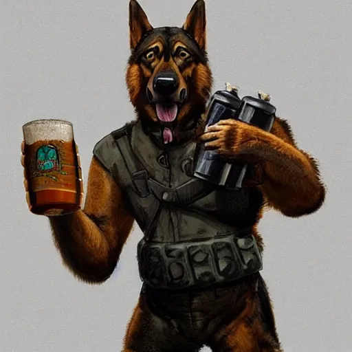 Image similar to a humanoid german shepherd beast - man in military style, holding a bottle of beer, artstation, concept art, smooth, sharp foccus ilustration, artstation