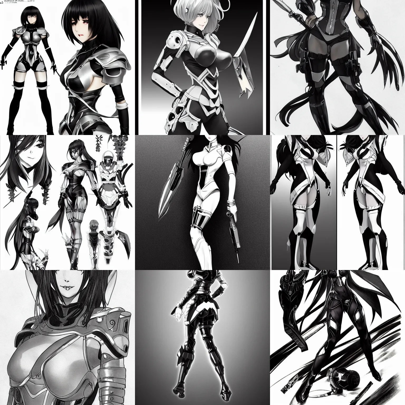 Prompt: original anime character design black and white pencil and ink. sci - fi weapon. black tape project show attractive showgirl in armour!! full body with future head set!! sharp edge. ultra clear detailed. contour light effect!! 8 k. stage light. by artgerm, cushart krenz, greg rutkowski and alphonse mucha.