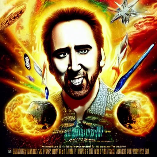 Prompt: nicholas cage as jesus in the movie psychedelic space jesus saves the space time continuum, movie poster