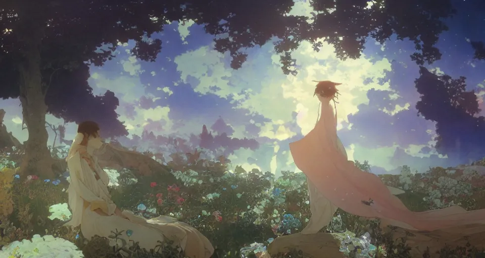 Image similar to A beautiful landscape painting of utopian future by Alfons Maria Mucha and Yoshitaka Amano and Makoto Shinkai