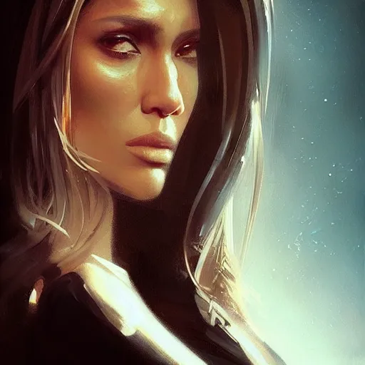 Prompt: “Portrait of Jennifer Lopez by Greg Rutkowski, young, attractive, highly detailed portrait, scifi, digital painting, artstation, concept art, smooth, sharp foccus ilustration, Artstation HQ”