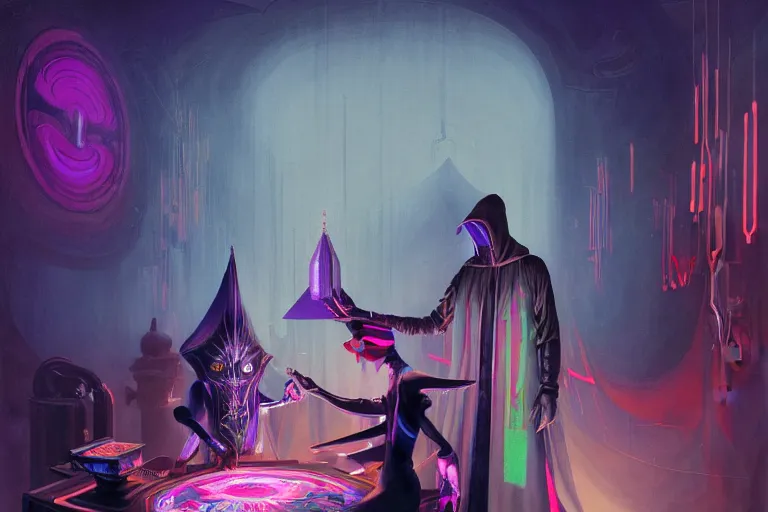 Prompt: a highly detailed beautiful masterpiece painting of a technomancer wizard in robes with pointed hood discussing sentience with his synthesized AI djinn in his laboratory near a computer by Remedios Varo and Anato Finnstark and Greg Rutkowski, dayglo pink, dayglo blue, dazzle camouflage, 8k, trending on ArtStation