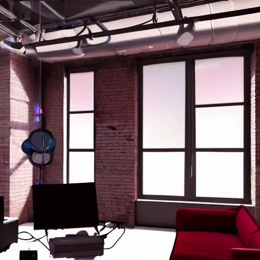 Prompt: A screenshot of a Virtual Reality music studio, living room vibe, Paris loft style, red velvet furniture, light rays coming out of the windows, raytracing, highly detailed, futuristic, unreal engine 5, photoscanned, photorealistic,