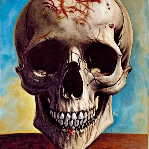 Image similar to human skull, hyper - realistic oil painting, body horror, biopunk, by ralph steadman, francis bacon, hunter s thompson