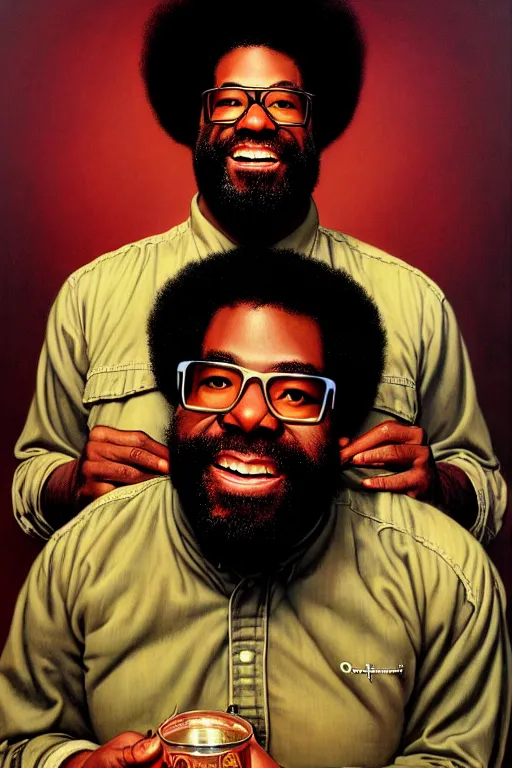 Image similar to portrait of questlove from the roots by gil elvgren and norman rockwell and rob gonsalves and hajime sorayama, hyperrealistic, high detail, ultra detailed, highly detailed face