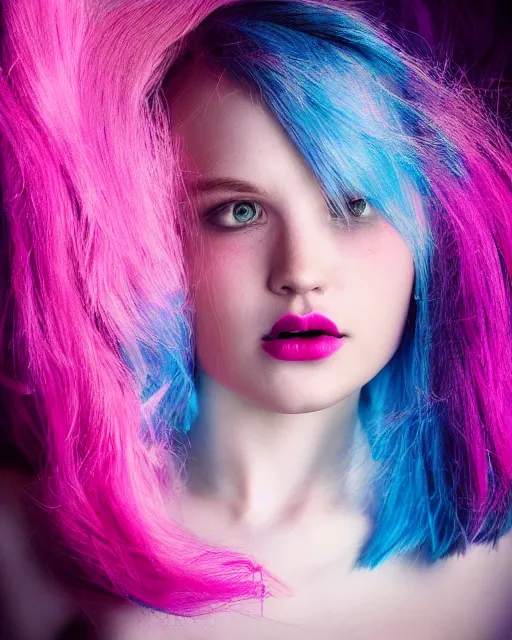 Image similar to a dramatic lighting photo of a beautiful young woman with cotton candy hair. with a little bit of cyan and pink