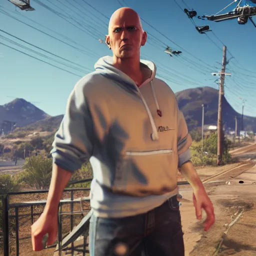 Image similar to a portrait of saitama as a gta 5 character ingame shot from gta 5, ray tracing x, wet reflections, unreal engine 5, intricate details, fantasy, hyper realism, humongous view, smooth, cinematic