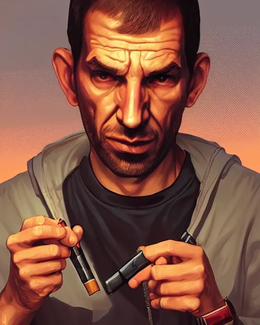 Prompt: Niko Bellic smoking weed, digital art by Ross Tran and Dan Mumford, Highly detailed, trending on cgsociety