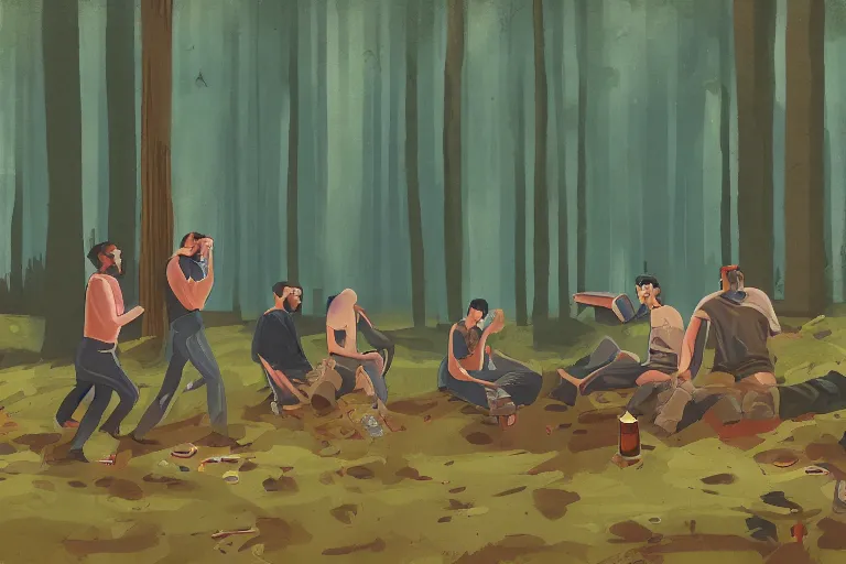 Prompt: mid - thirties guys binge drinking in a forest, in the style of simon stalenhag