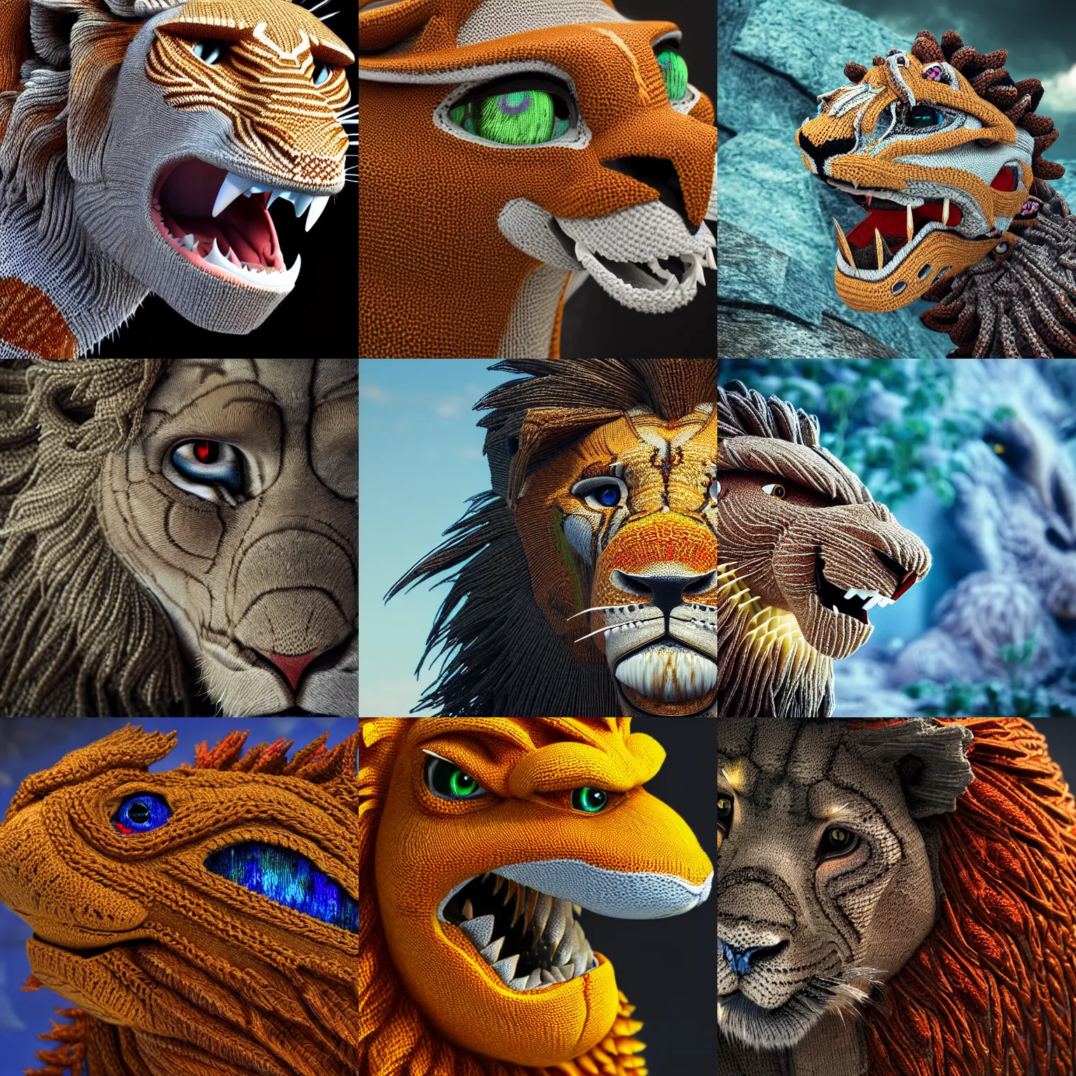 Prompt: a closeup photorealistic photograph of a cute knitted barracuda lion. intricate stitching. professional capture. brightly lit scene. this 4 k hd image is trending on artstation, featured on behance, well - rendered, extra crisp, features intricate detail, epic composition and the style of unreal engine.