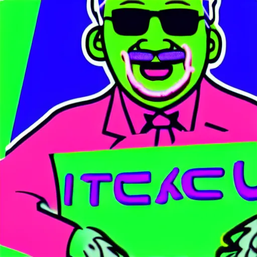 Prompt: neon green taco dancing on horizon cyberwave background with kernel sanders face as sun in the sky