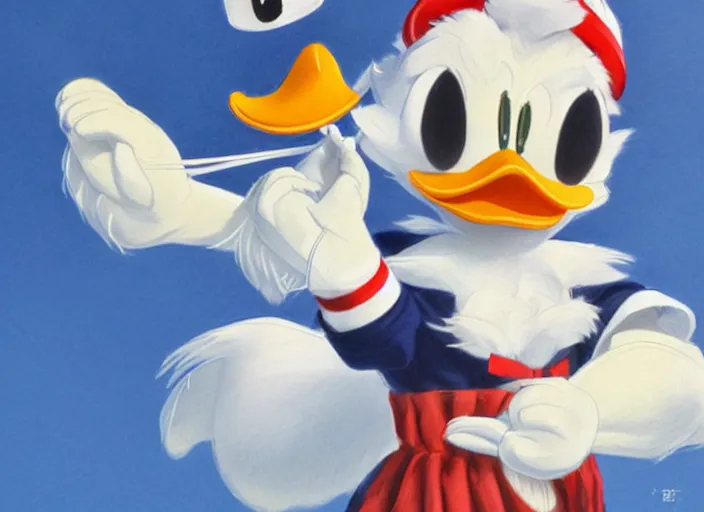 Image similar to detailed concept art of a cute iconic anthropomorphic duck character wearing a sailor suit by wlop on bcy. net, realistic. feathers, art by cheng yi. donald duck