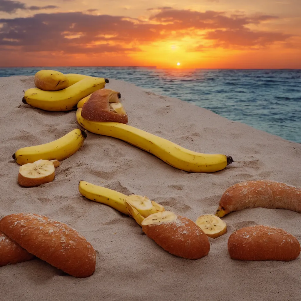 Prompt: a bread and a banana in love at the beach with sunset