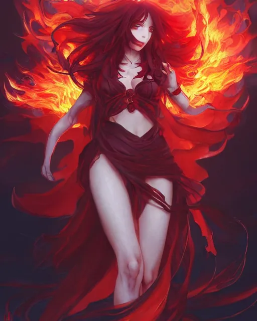Image similar to red eyed beautiful long haired anime girl, full body photo, flames everywhere, highly detailed, digital painting, artstation, concept art, smooth, sharp focus, illustration, art by artgerm and greg rutkowski and alphonse mucha