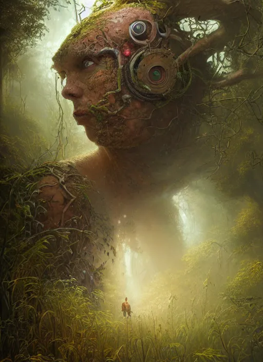 Image similar to Portrait of an Ancient overgrown Robot laying in a clearing, extremly detailed digital painting, sunlight, in the style of Tomasz Alen Kopera and Fenghua Zhong and Peter Mohrbacher, mystical colors, rim light, beautiful lighting, 8k, stunning scene, raytracing, octane, trending on artstation