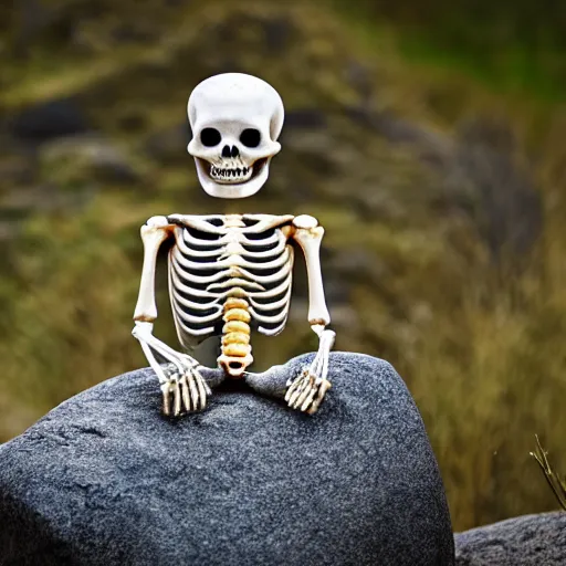 Prompt: a skeleton sitting on a rock, 30mm lens, high resolution 8k,