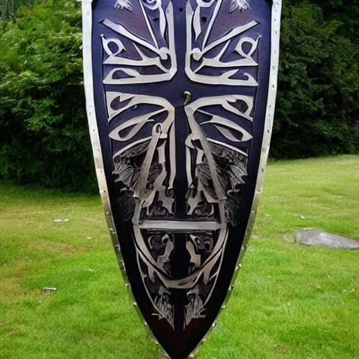 Image similar to impressive teardrop kite shield, made from hardwood A true work of mastery, as this shield was forged by summit dwarves in a storm workshop. The shield's edges are emblazoned with a thick metal lining and have been decorated with intricate metalwork. Its centre is garnished with symmetrical paintwork and zealous texts. It's clear this shield has been through numerous battles. Holes and cracks made by who knows what leave visible reminders of victory and loss, but one this is for sure: death will have to wait a little while longer.