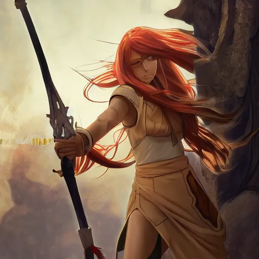 Image similar to archer girl fights fire mage, anime style, long hair, hair down, symmetrical facial features, arknights, modern clothes, hyper realistic, pale skin, 4k, rule of thirds, extreme detail, detailed drawing, trending artstation, hd, scifi, videogame, realistic lighting, by Alphonse Mucha, Greg Rutkowski, sharp focus, backlit