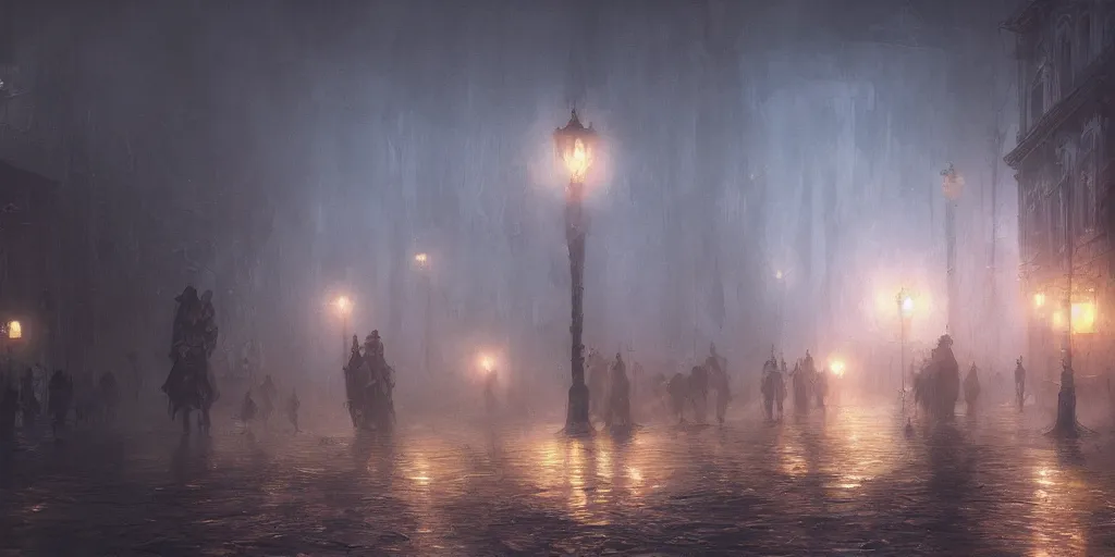 Image similar to a thick swirling fog obscuring a parade, soft lighting, night, unreal engine, digital art, 8 k, oil painting, fantasy art, illustration, detailed and intricate environment