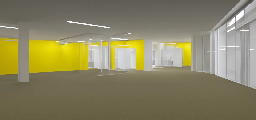 Image similar to backrooms office place yellow walls carpet floor led lights with nobody, bright, 8 k photorealistic, hd, high details, trending on artstation