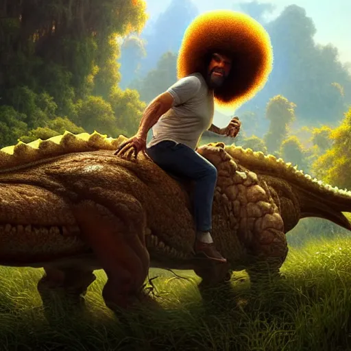 Image similar to bob ross!!! riding!!! a dinosaur!!, giant afro!, model pose, ultra realistic, concept art, intricate details, highly detailed, photorealistic, octane render, 8 k, unreal engine. art by artgerm and greg rutkowski and alphonse mucha